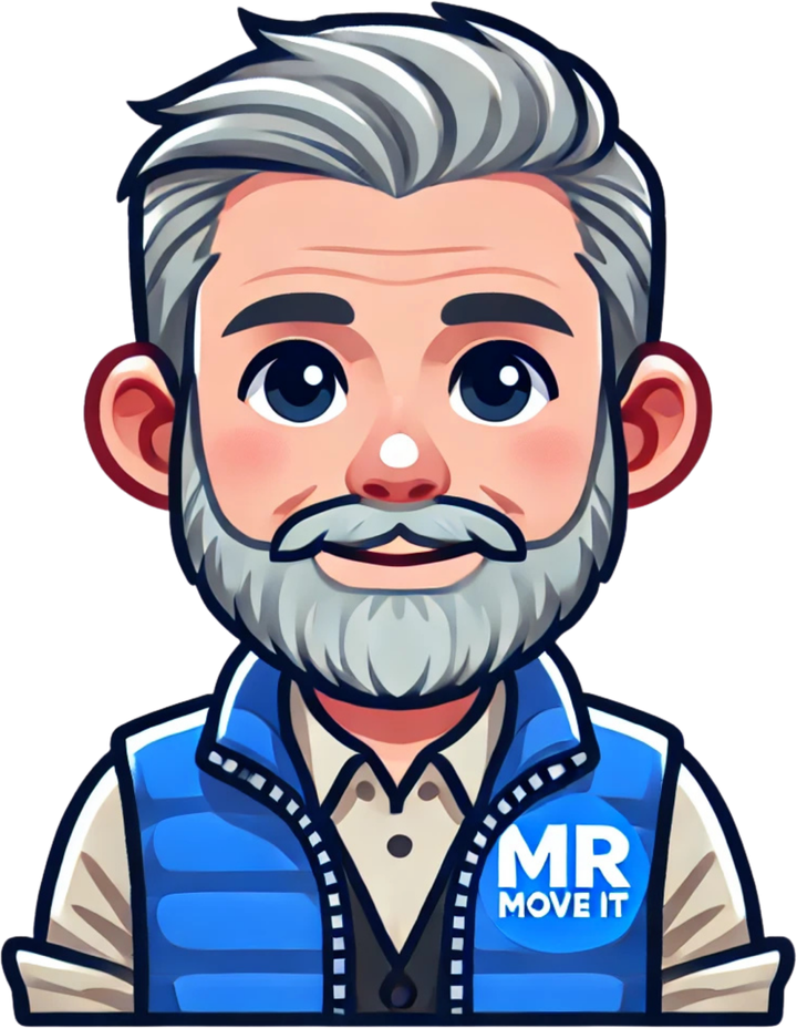 Illustrated caricature of Marty, the owner of Mr Move It, in a branded Mr Move It gilet